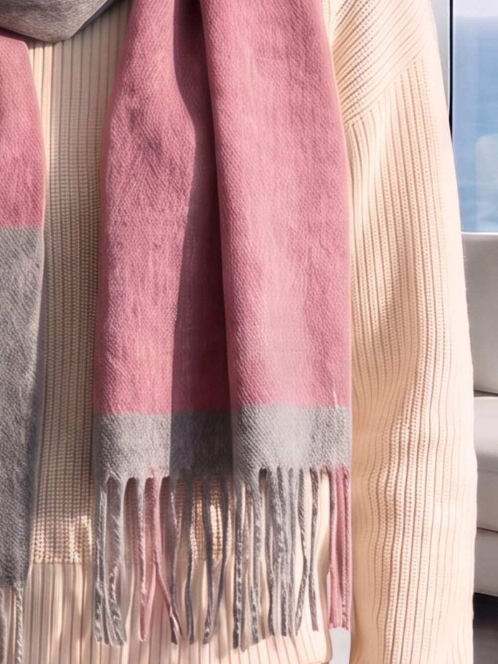 NWT $128 Anthropologie 100% wool scarf 13 x 72 pink on gray